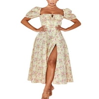 Merqwadd Žene Ljetni cvjetni ispis Puff rukava Vintage Ruffles Midi haljina
