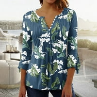 HVYesh Womens Trendy Henley majice Ljeto Dužina Bell rukava Up Bluze Cvjetni print Ruched Tunic Tops