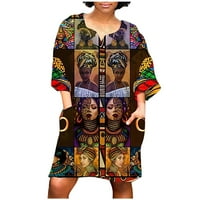 Xiuh Ženska moda Afrički vintage Print Srednji rukav V izrez Casual Mini haljina Ženske plus veličina