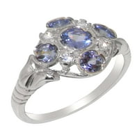 Britanci izrađeni tradicionalni čvrsti 9K bijeli zlatni prsten s prirodnim prstenom za izjavu o tanzanite i dijamantnom ženkom - Opcije veličine - veličine 4,25