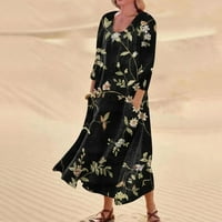 Feterrnal ženska casual udobna cvjetna print tri četvrtine rukava pamučna džepa haljina duge haljine za žene formalne