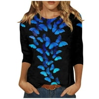 Cleance Žene Ljeto Tri četvrtine rukava jesen okrugli vrat modni leptir ispis pulover bluze plavi l