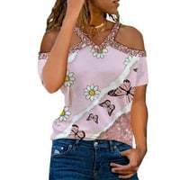 Scyoekwg majice kratkih rukava za žene V-izrez hladnog ramena Torpinski leptir uzorak Grafički tens Trendy udobne haljine casual slobodne ljetne vrhove ružičaste s