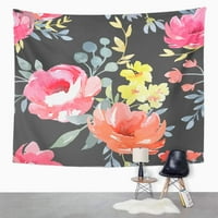 Crveni akvarel cvjetni uzorak osjetljiv cvijeće žute ružičaste ruže zid umjetnosti viseći tapiserija