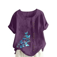 Olyvenn ženski trendy gumbi pamučni posteljina Rollbacks odjeća modni ljetni kratki rukav Butterfly