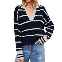 Jeseni džemperi za žene s dugim rukavima V-izrez Striped Mekani pleteni pulover na vrhu Ležerne prilike