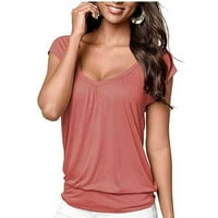 Ženska ljetna labava V-izrez Solidna boja elastična izrada majica kratkih rukava ružičasta L