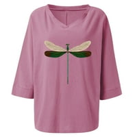 Žene na vrhu Ležerne prilike, okrugli V-izrez Casual Pamuk Jumper Tops Dragonflies Dame Majica Top Pink