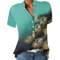 Žene Ljeto V izrez kratki rukav na vrhu Ležerne tipke džepne majice tamnozelene boje