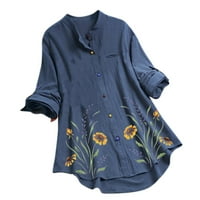 Yubnlvae majice za žene, ženski ležerni cvijet tisak dugih rukava O-izrez gumb labava majica top bluza