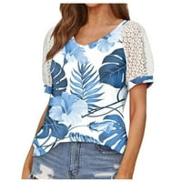 MLQIDK majice za žene Trendy Ljeto čipke Puff rukave T majice V-izrez cvjetni print casual ljetni tee