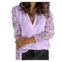 Labakihah čipke majice za žene Ženska modna čipka bluza Šuplja dugi rukava V-izrez Top ljubičasta