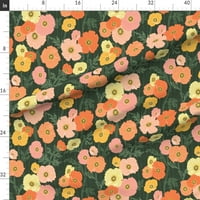 Saten tkanina FAT TRUCK - Poppy Field cvijeće Pokopies tamnozelene citrusne boje Retro cvjetna po mjeri