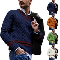 Muškarci pletena tanka moda V-izrez pulover casual labav dugih rukava s dugim rukavima plavi xl