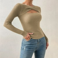 Iopqo džemperi za žene, ležerni dugi rukav izdubljeni nepravilni okrugli vrat T majice Osnovni džemperi