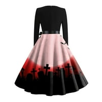 Crne haljine za žene Gotic Goth Halloween Print Flare s dugih rukava O-izrez Casual Crveni s