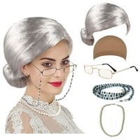 MRS klauzula Wig, stare dame kostim likovi za žene, Madea Granny Glass, Fau Pearl Beads Choker ogrlice