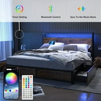 Okvir kreveta s LED platformom Queen Veličina sa Outlet USB punjenjem Okove za uzglavlje i skladištenje, industrijski drveni metalni krevet