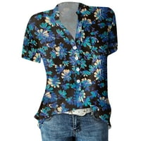 Ženska ljetna casual gumba niz majicu kratkih rukava cvjetni print top sa džepovima tamno plavi xxxl