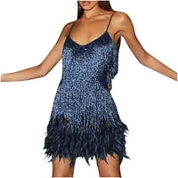Haljine za žensko modno suspender Crewneck Sequin Feathere bez rukava od pune haljine tamno plava L
