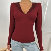 Košulje s dugim rukavima za žene Trendi ženska pulover košulje od čipke patchwork pletene čipke V-izrez Solid boja gornje vino m