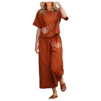 MLQIDK Ženska posteljina odjeća Ležerne prilike ljetne kratkih rukava pamučne posteljine vrhove hlača Set odjeće, narandžasti xxl