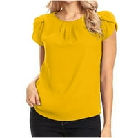 Ženska šifon bluza kratki latica rukav okrugli vrat na vrhu Ležerne prilike pune boje majica žuti xxxxxl
