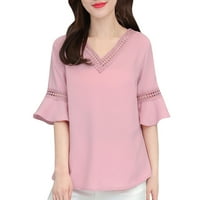 Žene Ljetne casual majice s kratkim rukavima V-izrez Solid Top bluza Pink XL