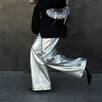 Simu ženska modna labava ugradnja PU srebrne kožne hlače Ženske casual široke pantalone za noge visoke