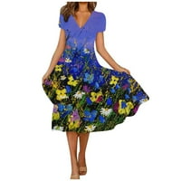 Cyzz Celler ženska ljetna casual moda cvjetna print kratkih rukava V-izrez Swing haljina kraljevskog