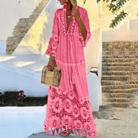Cotonie Fashion Casual Bohemian Velike veličine V-izrez Čvrsta boja čipka tassel duga haljina