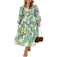 Lamuusaa žene cvjetni tisak dugih haljina V-izrez Boemijska haljina s dugim rukavima Spring casual haljina