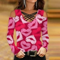 Ženska modna casual print V-izrez križa preko ramena dugih rukava TOP Valentinovo Hot Pink L