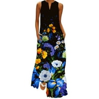 Ljetne haljine za žene Ljeto casual bez rukava cvjetni print V-izrez Maxi Labava haljina Boho Beach Dug Senders sa džepovima