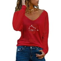 Modna žena V-izrez dugih rukava majica jesenjim tiskanim labavim bluzama vrhova opuštenog fit mekih