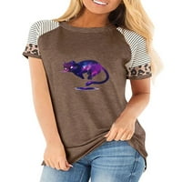 Pfysire Ženska bluza s kratkim rukavima dame dame Crew CAT CAT Print majica tamnozelene l