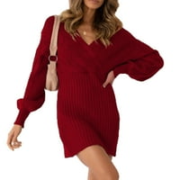 Lroplie haljine za žene V izrez dugih rukava proljeće jesen čvrsta boja pletena jacquard komforni tanak fit casual džemper ženska haljina crvena m