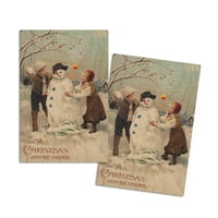 Sva božićna radost neka djeca stvaraju snjegovića snijega, vintage za odmor umjetnost