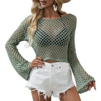 Žene Fishnet Crochet Bikinis Poklopac UPS Pleteni vrhovi Dugi rukav Mesh Pogledajte pulover vrhove seksi