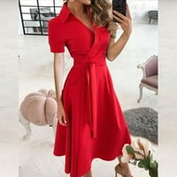 Haljine za žene V-izrez kratak povremeni mini puni ljetni haljina s kratkim rukavima crvena 2xl