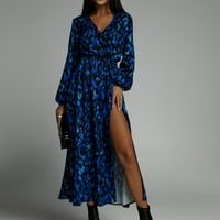 Haljina s dugim rukavima za žene Leopard Print Wrap V izrez Fall Maxi Haljine čipka u podizanju Split Casual High Squist duga haljina
