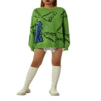 Wybzd Žene Dugi rukav Dinosaur Print Dukseri posade Krew Pleteni pulover Vruće prevelike pletenje Jumper