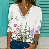 Youmoao Ženski klirens bluze za žene čipke Crochet Eyelet V Vrući za izrez Boho cvijet Ispis majica s dugim rukavima Odmor Vacation Outfits