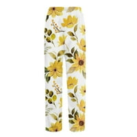 Capri pantalone za žene sa džepovima Casual High Squik Print Pamuk Loose Dugi ravni žuti xxl
