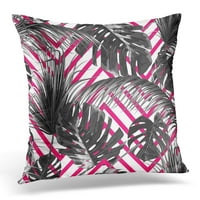 Tropsko cvjetni s palmima od lišća džungle od kripnog monohrome crno-bijele boje na apstraktnoj prugastoj boji na jastuku