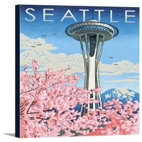 Svemirska igla - cvjetovi trešnje Woodblock - Seattle, Washington - umjetničko djelo u vezi s lampionima