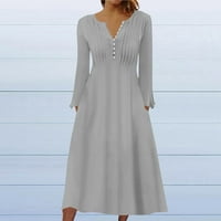 GDFUN Fashion ženska casual moda Solid Džep u boji V-izrez Dugi rukav haljina - Domaći haljine Haljine