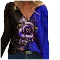 -Hošačke za žene Modni V-izrez Rose cvjetni print dugih rukava labava ležerna majica Bluza TOP bluza