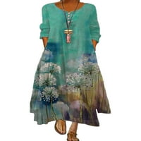 Springttc ženski dvostruki sloj s dugim rukavima cvjetni print V-izrez, casual midi haljina