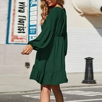 Gotyou ženski dugi rukav V izrez šifon haljina tunika ruffle hem visoka suknja za struk zelena s